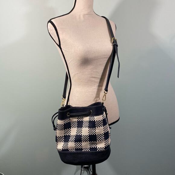 Talbots Navy & White Gingham Woven Leather Trim Bucket Crossbody Bag - Picture 1 of 11